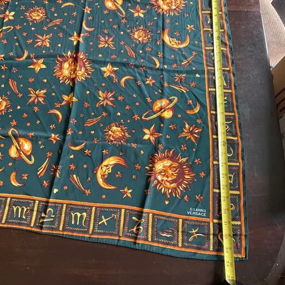 Gianni Versace Vintage Silk Scarf Celestial Zodiac Sun Moon Teal Green 34x34 - Picture 6 of 10